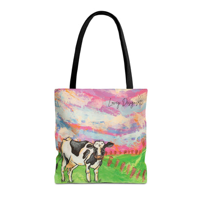 Cow Art Tote Bag — 'Love, Days' Pastel Farm Illustration