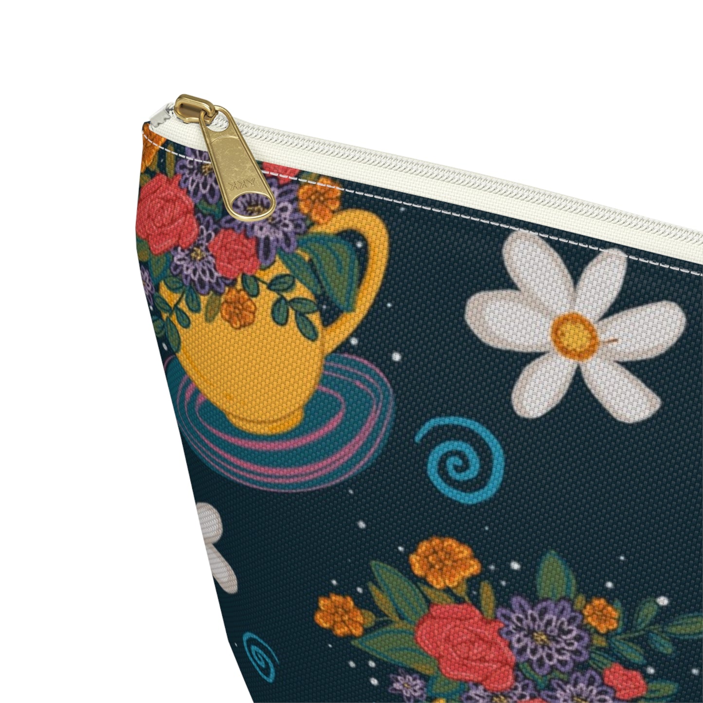 Floral Teacup Accessory Pouch — Zippered Makeup Bag with T‑Bottom