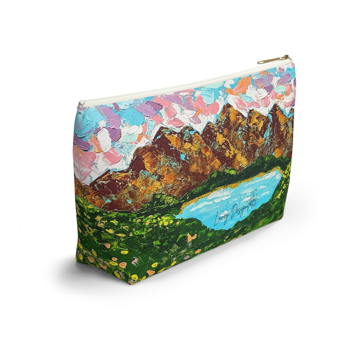 Faith Moves Mountains Accessory Pouch — Floral Landscape T-Bottom Makeup Bag