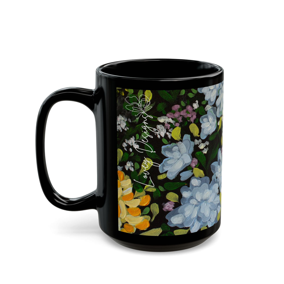 Floral Midnight Garden Black Mug — White & Yellow Blossom Coffee Cup (11oz/15oz)