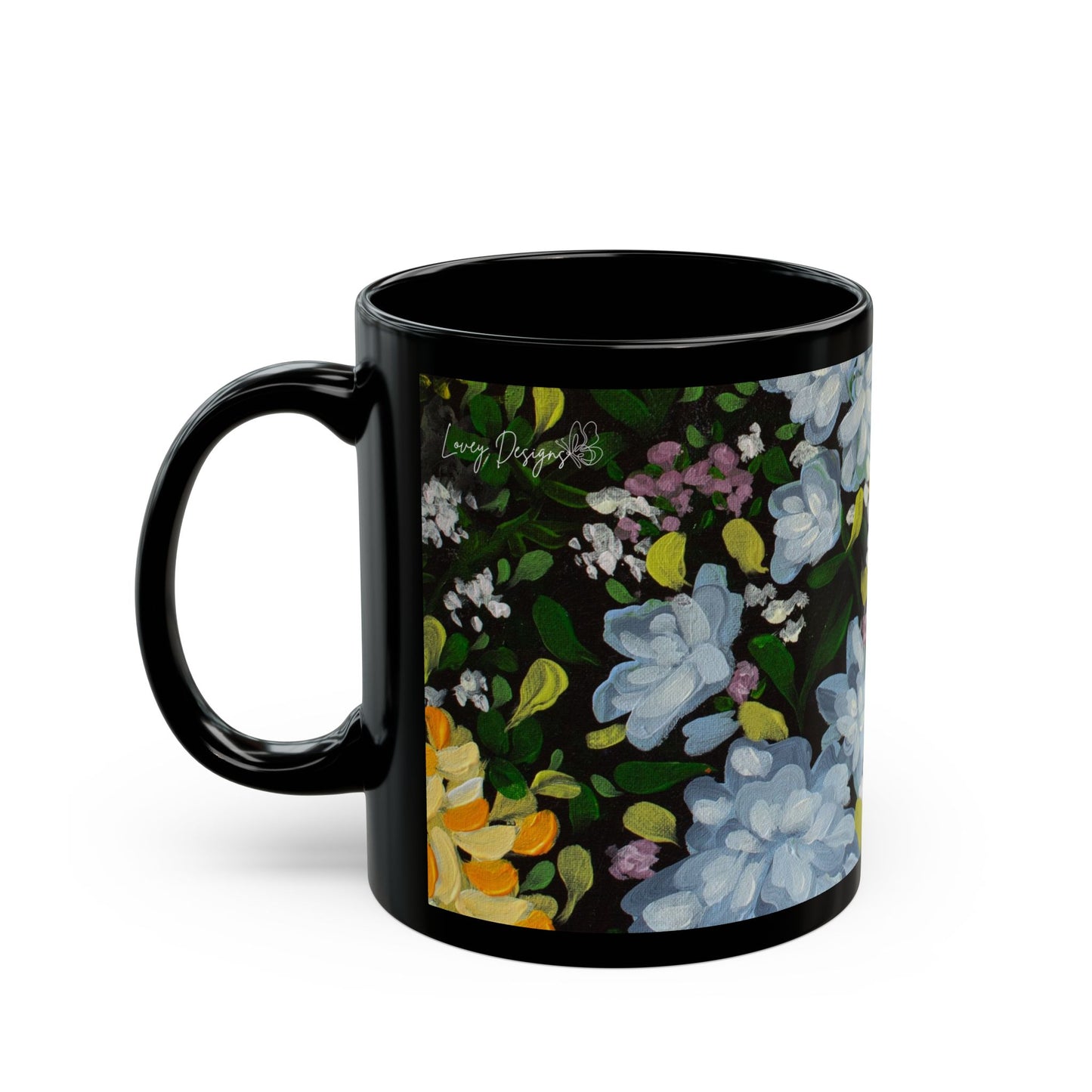 Floral Midnight Garden Black Mug — White & Yellow Blossom Coffee Cup (11oz/15oz)