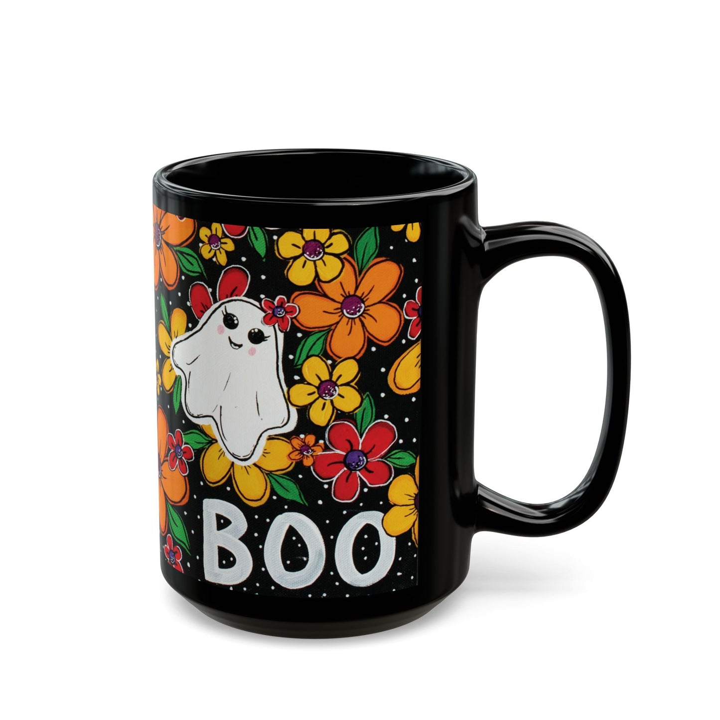 Whimsical Halloween Mug, Black Ghost Mug, Floral Boo Mug, Cute Halloween Gift, Spooky Coffee Cup - "Haunted Garden"