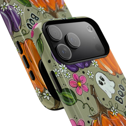 Halloween Pumpkin Ghost Tough Magnetic Phone Case — 'Boo' Fall Floral iPhone Cover