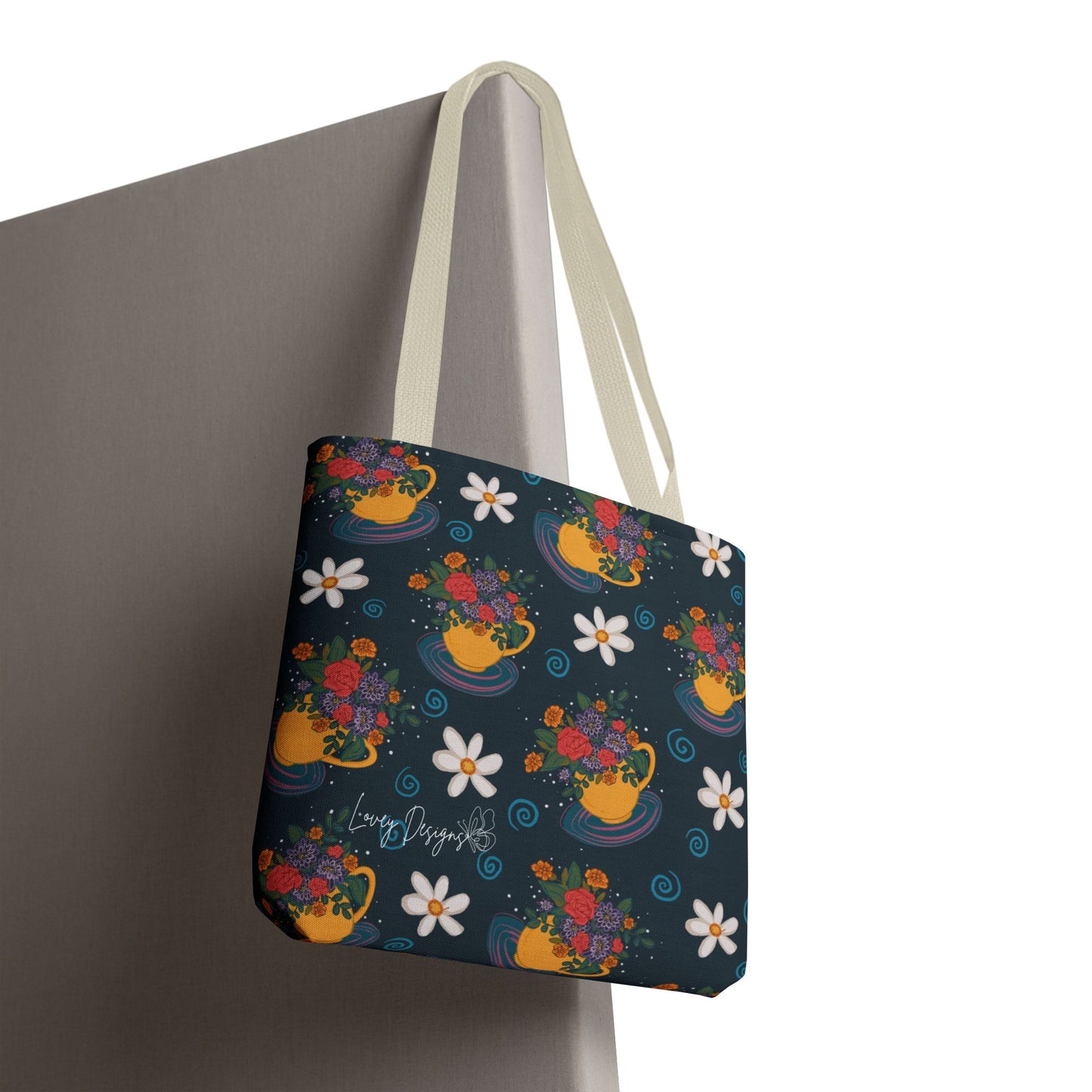 Floral Teacup Pattern Tote Bag – Vintage Daisies & Bouquet All-Over Print