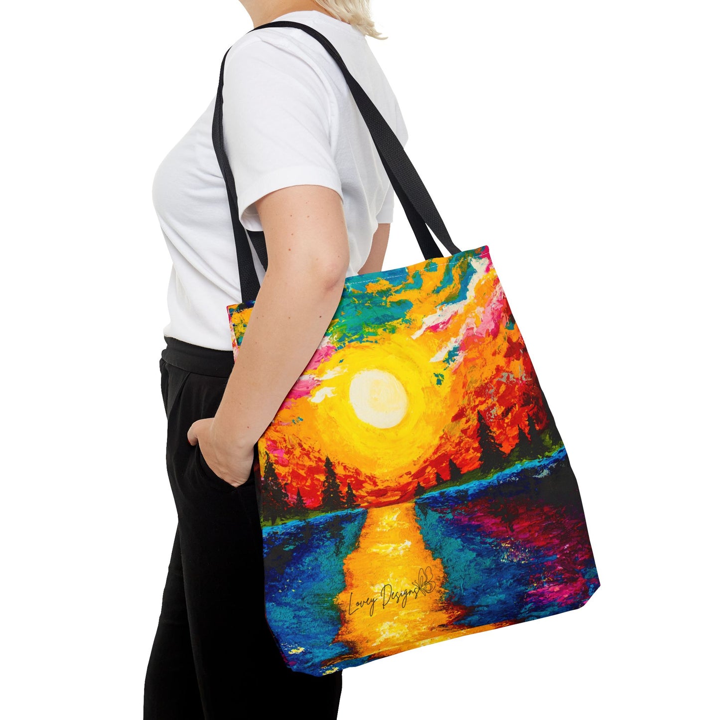 Sunset Lake Tote Bag – Vibrant Hand-Painted Sunset Canvas Carryall