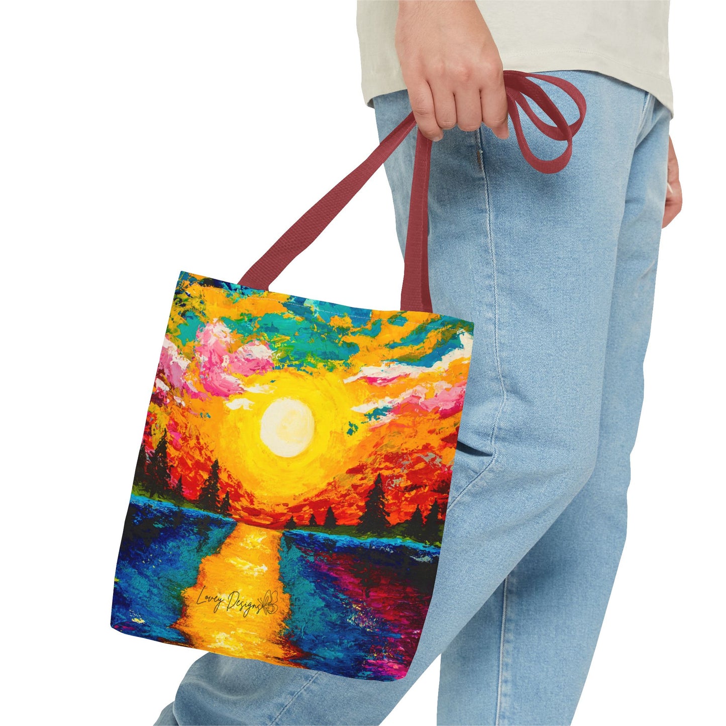 Sunset Lake Tote Bag – Vibrant Hand-Painted Sunset Canvas Carryall