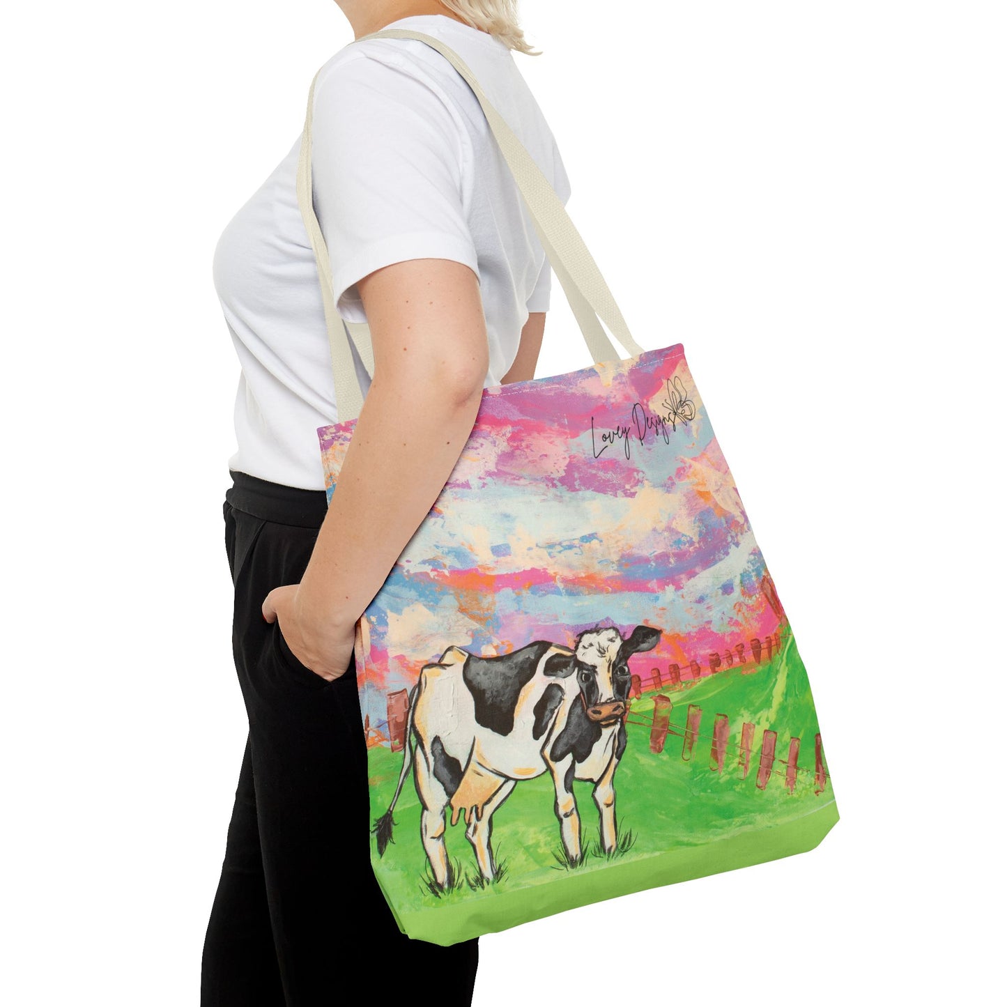 Cow Art Tote Bag — 'Love, Days' Pastel Farm Illustration