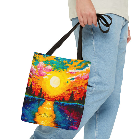 Sunset Lake Tote Bag – Vibrant Hand-Painted Sunset Canvas Carryall