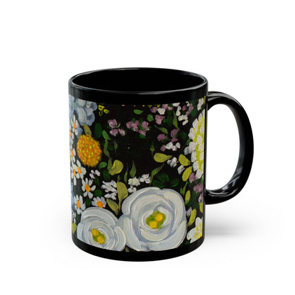 Floral Midnight Garden Black Mug — White & Yellow Blossom Coffee Cup (11oz/15oz)