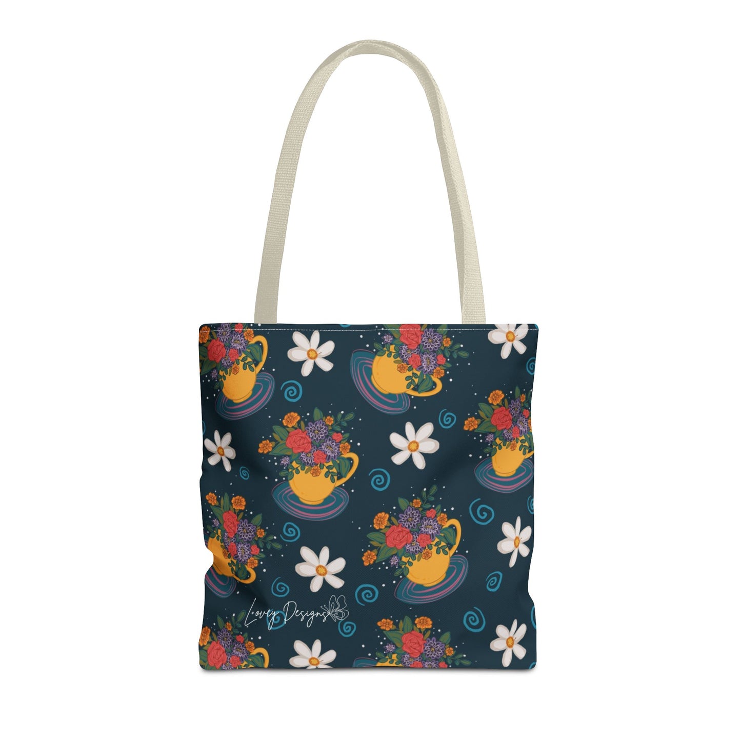 Floral Teacup Pattern Tote Bag – Vintage Daisies & Bouquet All-Over Print