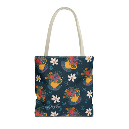 Floral Teacup Pattern Tote Bag – Vintage Daisies & Bouquet All-Over Print
