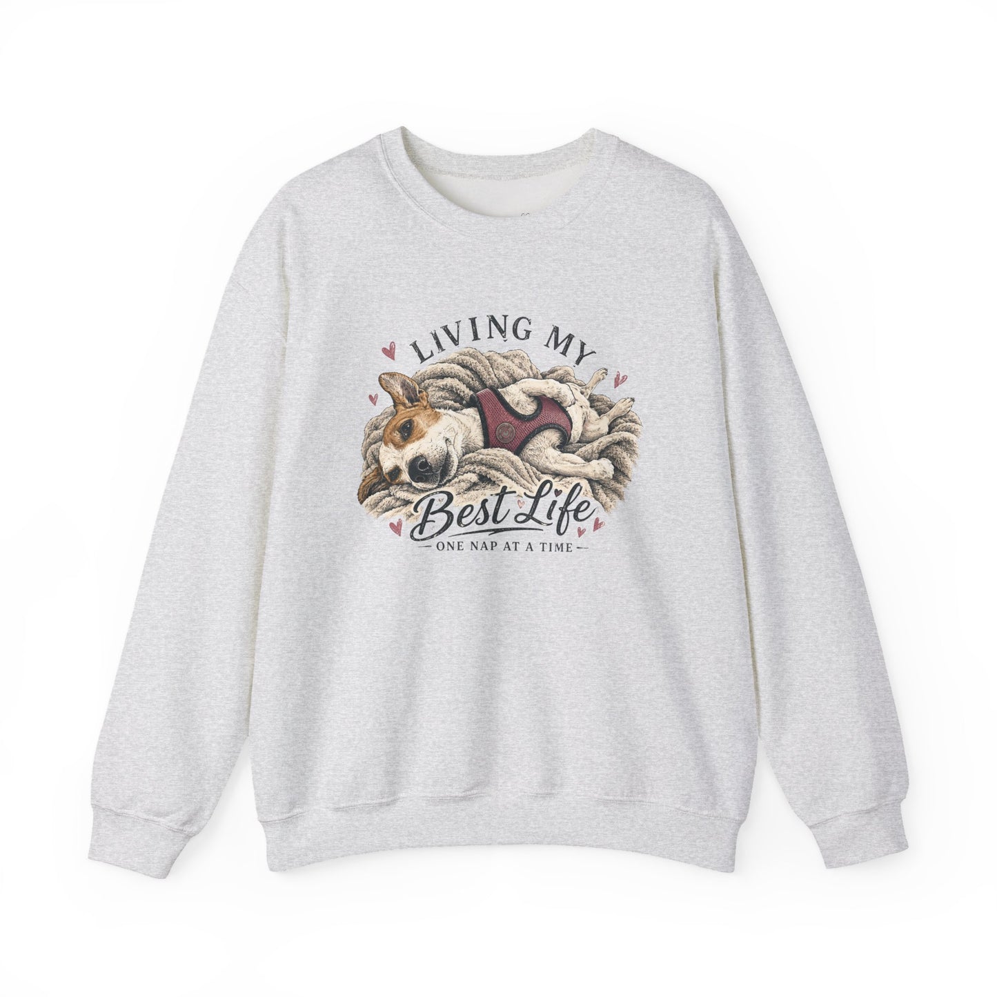 Crewneck Sweatshirt — "Living My Best Life" Cozy Dog Nap Graphic