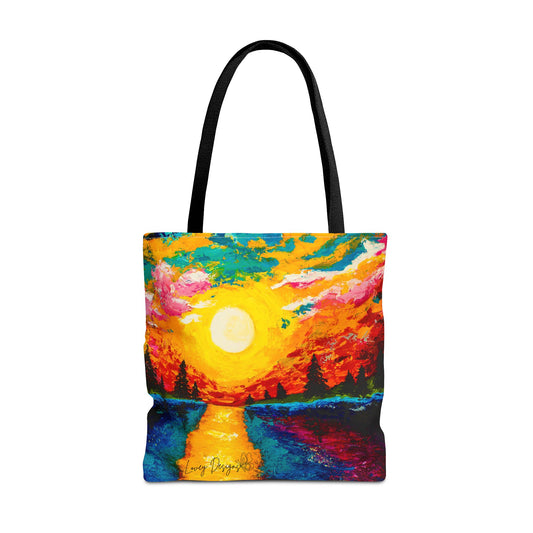 Sunset Lake Tote Bag – Vibrant Hand-Painted Sunset Canvas Carryall