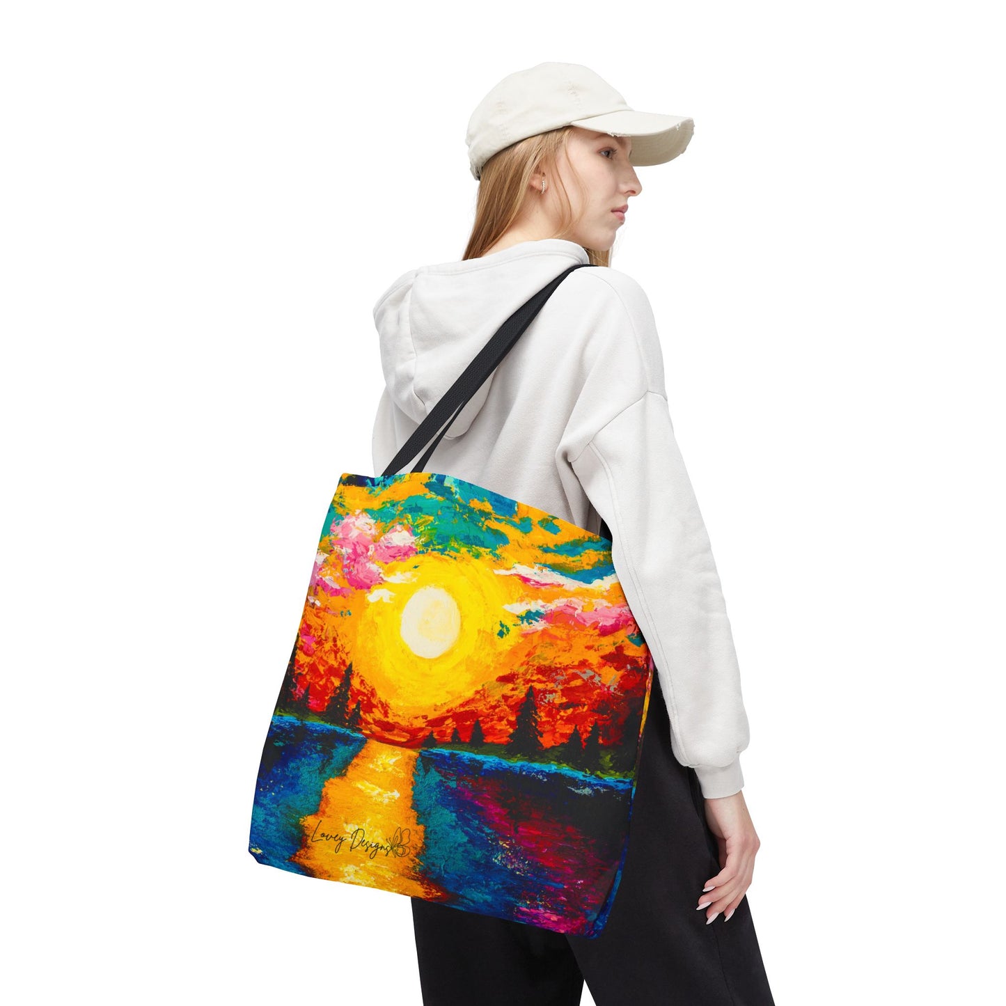 Sunset Lake Tote Bag – Vibrant Hand-Painted Sunset Canvas Carryall