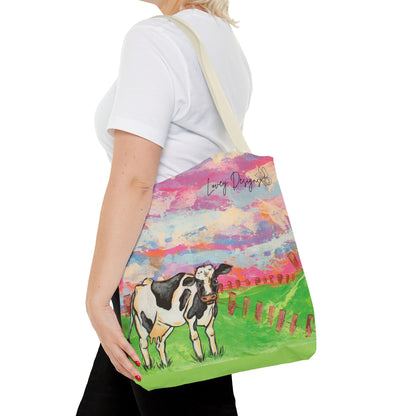 Cow Art Tote Bag — 'Love, Days' Pastel Farm Illustration