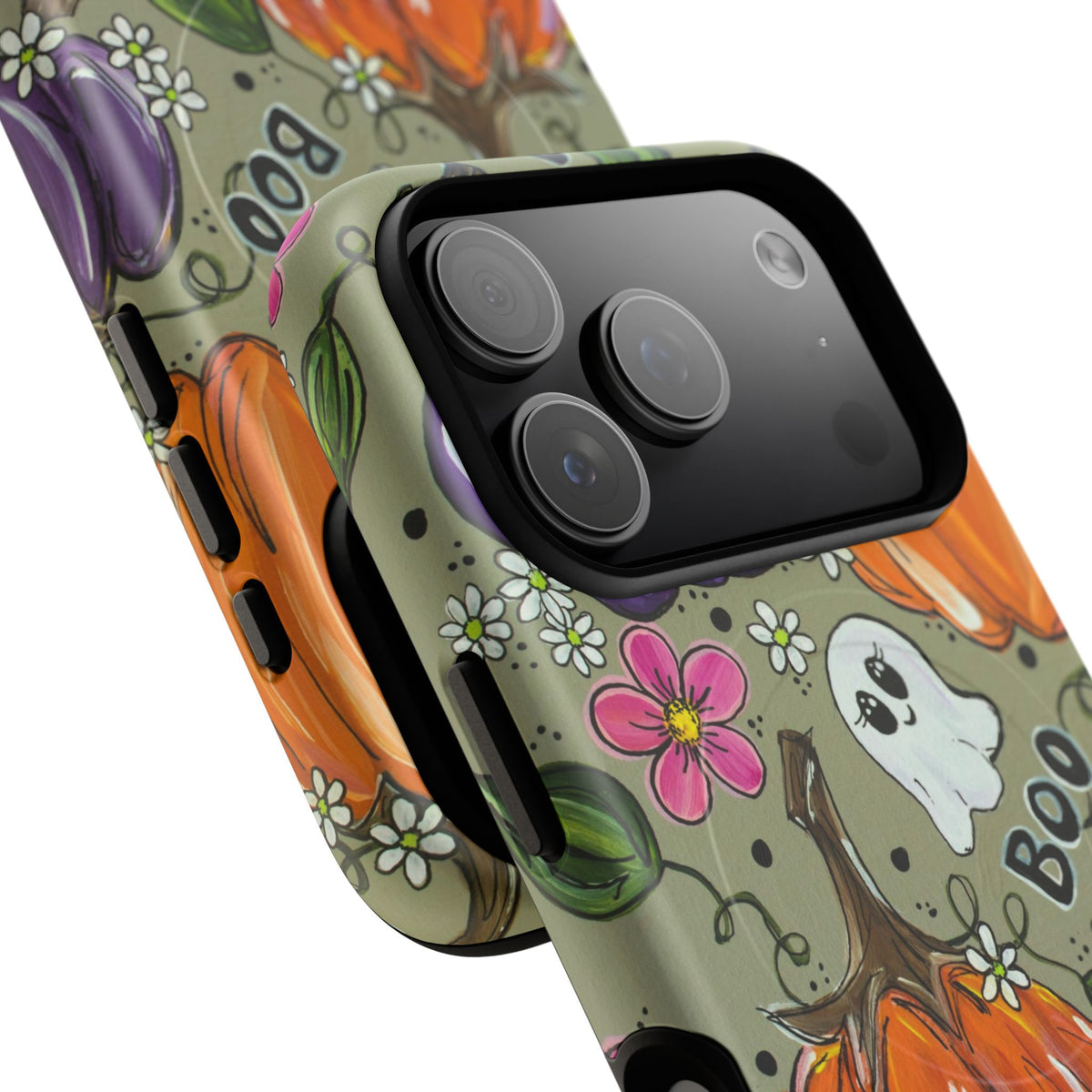 Halloween Pumpkin Ghost Tough Magnetic Phone Case — 'Boo' Fall Floral iPhone Cover