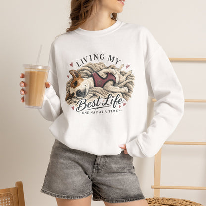 Crewneck Sweatshirt — "Living My Best Life" Cozy Dog Nap Graphic